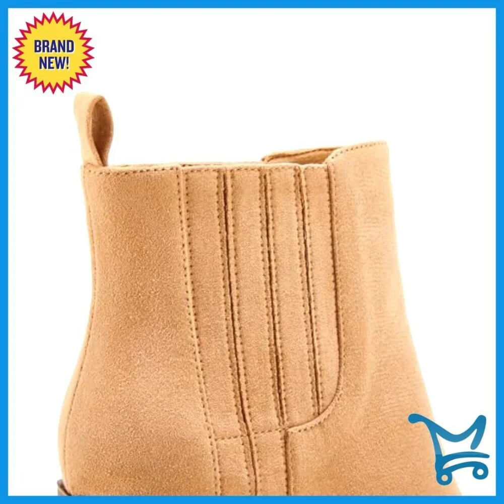Women's Ankle Boots Slip On Pointed Toe Chunky Block Mid Heel Leather